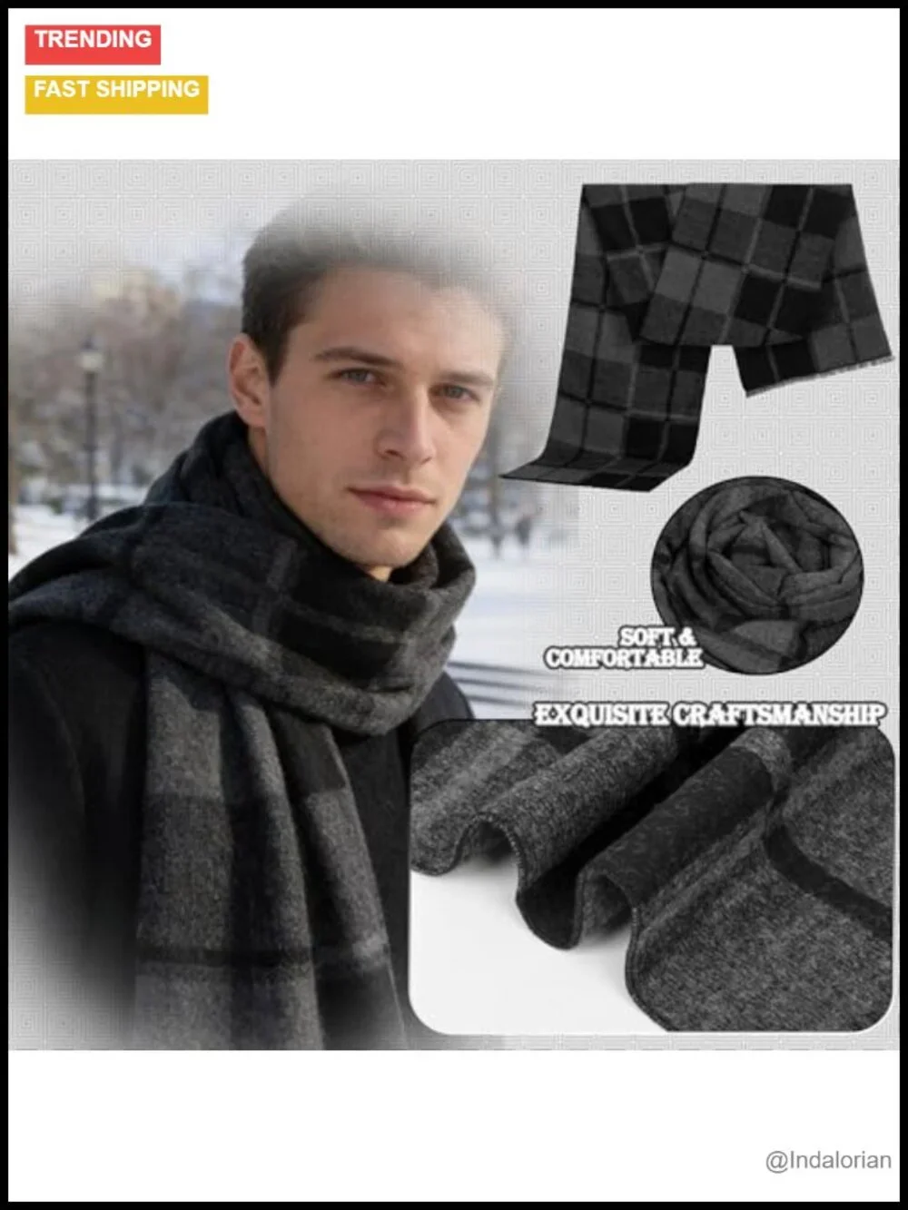 Men's Long Winter Warm Scarf, Cashmere Feel, Plaid Formal Classic Scarves for